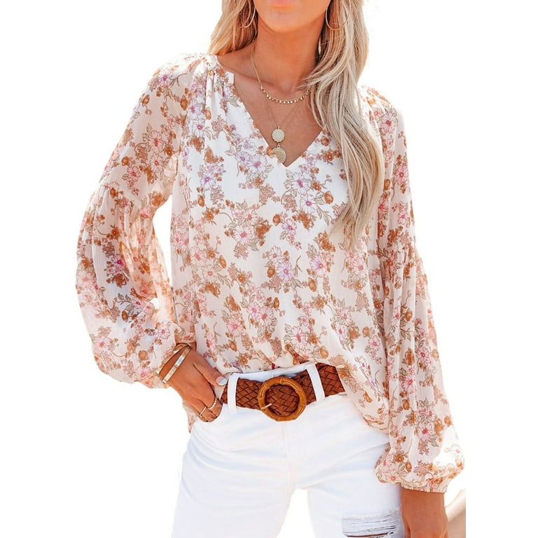 Astylish Womens Boho Tops Floral Blouses V Neck Shirts Blouse Puff