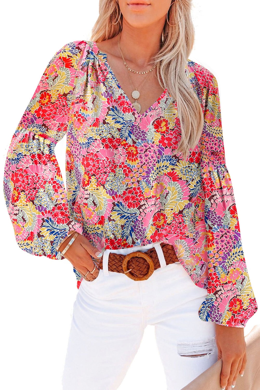 Astylish Womens Boho Tops Floral Blouses V Neck Shirts Blouse Puff Long