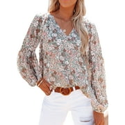Astylish Womens Boho Tops Floral Blouses V Neck Shirts Blouse Summer Puff Long Sleeve Chiffon Tunic Casual Loose Elegant Tops Spring Fall Size L