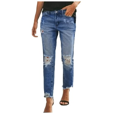 Astylish Womens Plaid Patch Ripped Boyfriend Distressed Stretch Skinny Denim Jeans with Hole