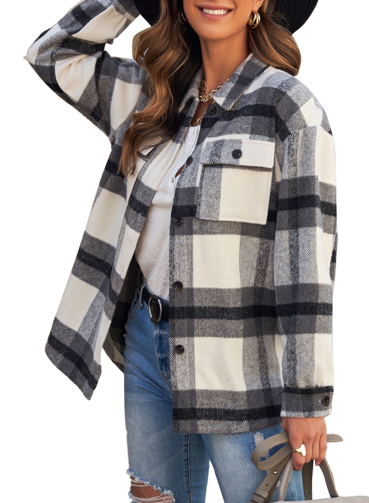 Astylish Womens Shacket Button Down Plaid Jackets Long Sleeve Oversized