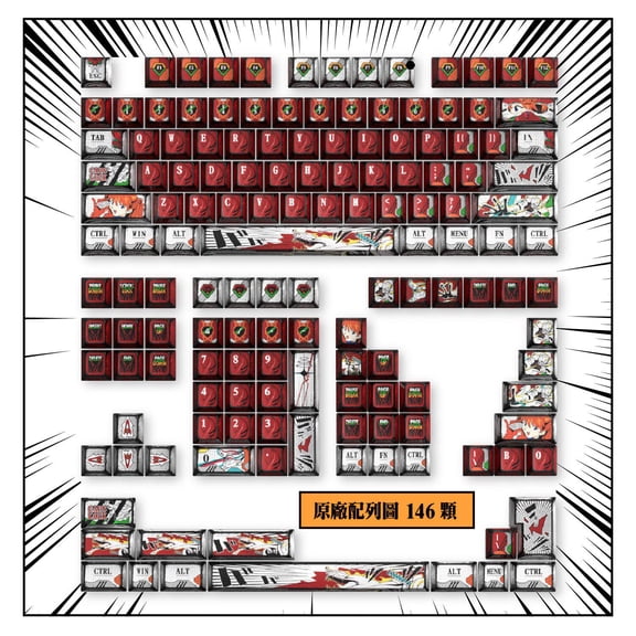 Asuka Unit-02 PBT Keycap Set, Cherry Profile 5-Side Dye-Sublimation Manga Keycaps for Custom Mechanical Keyboard