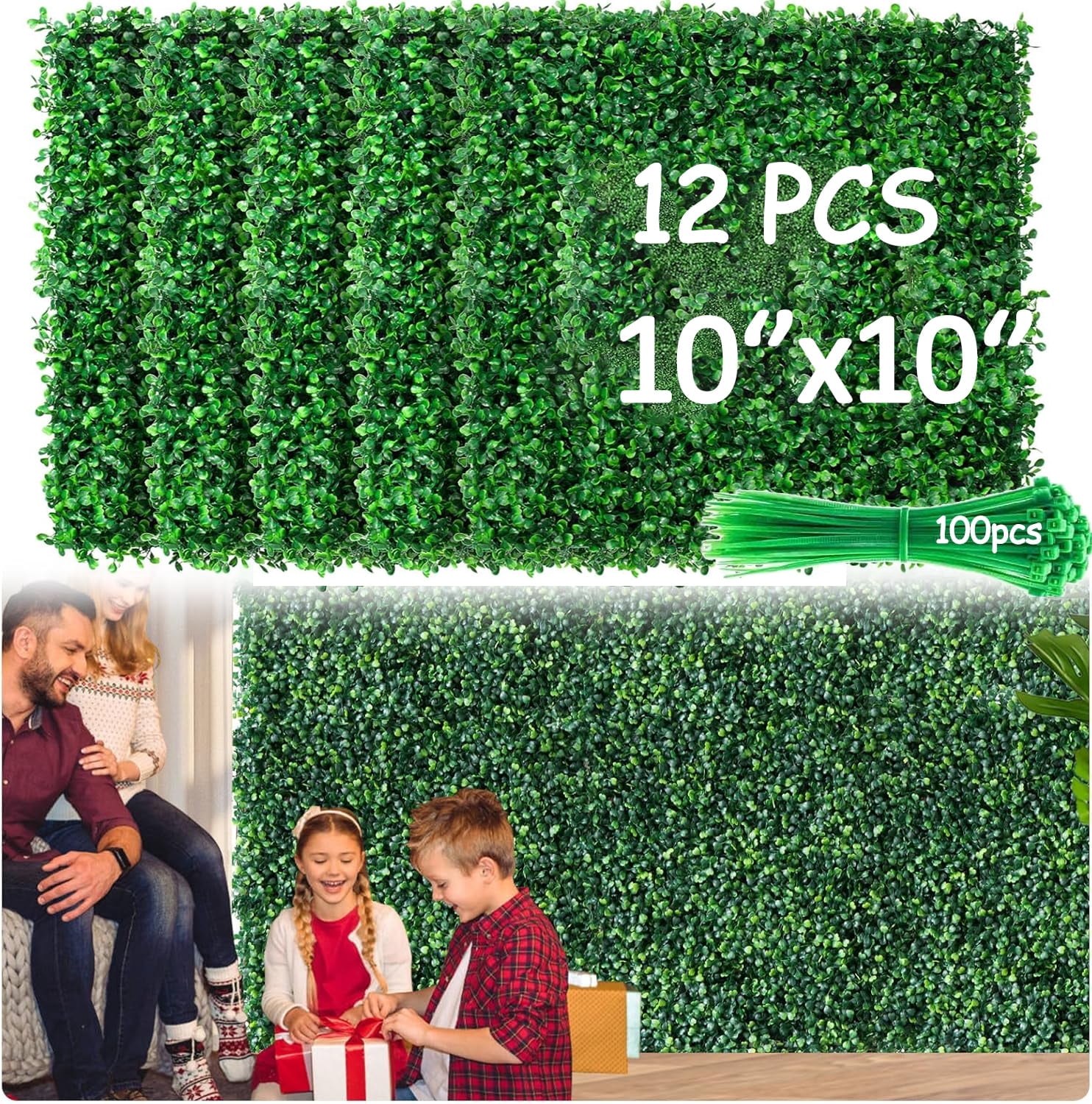 Asunby 12 Pcs Artificial Grass Wall Panels - 10x10 inch Boxwood Hedge with 100 Zip Ties, Indoor/Outdoor Garden Privacy Fence, Greenery Backdrop for Backyard Decor