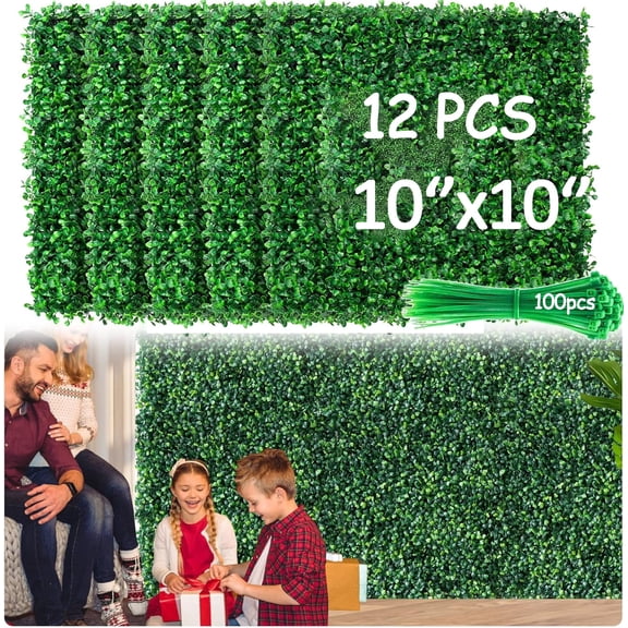 Asunby 12 Pcs Artificial Grass Wall Panels - 10x10 inch Boxwood Hedge with 100 Zip Ties, Indoor/Outdoor Garden Privacy Fence, Greenery Backdrop for Backyard Decor