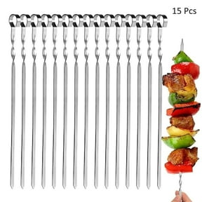 Asunby 15 Pcs Kabob Skewers Flat Metal BBQ Barbecue Skewers 16" Long Hook Style Stainless Steel Shish Kebob Sticks Wide Sharp Reusable Grilling Skewers Set for Meat Chicken Vegetable