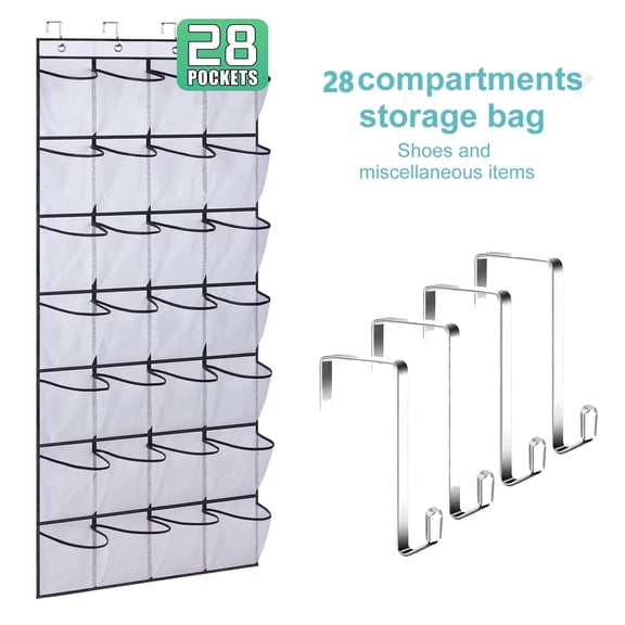 Asunby 28 Grid Clear Mesh Shoe Organiser - Linen Fabric, Wall-Mounted & Hanging over the Door for Bedroom Entryway