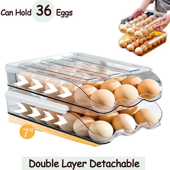 Asunby 2-Layer Refrigerator Egg Holder with Lid – Clear Plastic Rolling Dispenser Tray, Fits Shelves & Drawers