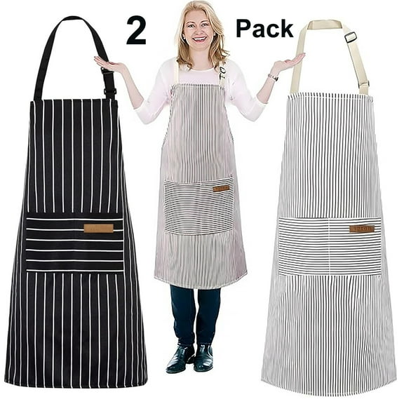 Asunby 2 Pack Apron for Cooking, Kitchen Aprons, Adjustable Bib Soft Chef Apron with 2 Pockets for Men Women (Black/Gray Stripes)
