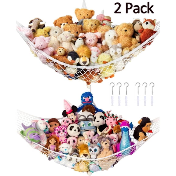 Asunby 2-Pack Jumbo Toy Hammock for Stuffed Animals, Extra-Large Wall Sling Corner Net Organizer for Plush Toys, Mesh Storage for Kids' Room