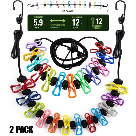 Asunby 2 Pack Portable Retractable Elastic Camping Clothesline with 12 Clothespins Outdoor Indoor Travel Clothesline for Camper Hotel Room