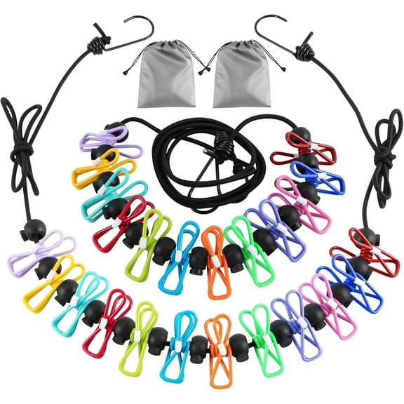 Asunby 2 Pack Portable Retractable Elastic Camping Clothesline with 12 Clothespins Outdoor Indoor Travel Clothesline for Camper Hotel Room