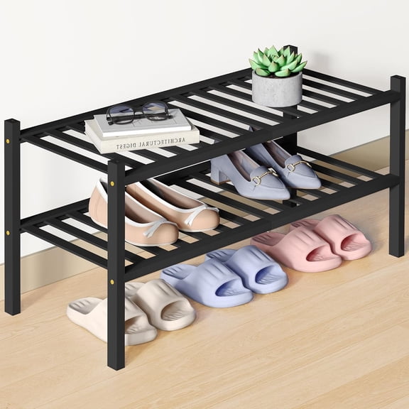 Asunby 2-Tier Bamboo Shoe Rack Stackable Shoe Shelf Storage Organizer for Entryway, Living room Hallway and Closet, 27.2"x11"x12.8" (9 Pairs-Black)