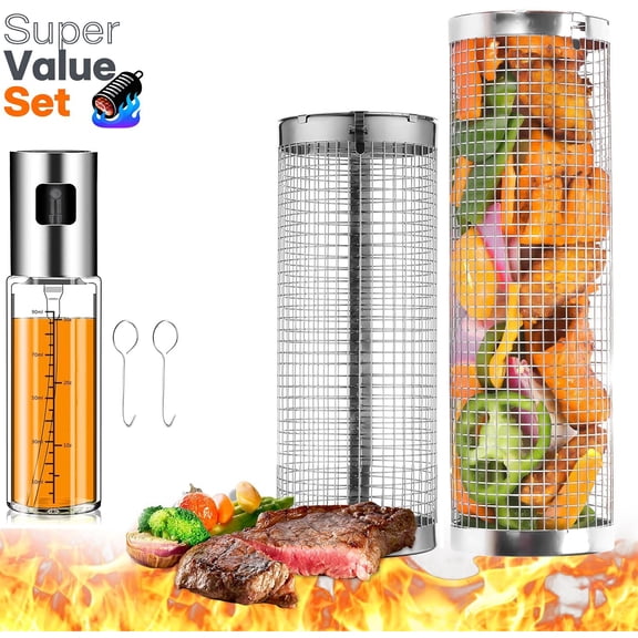 Asunby 2Pack Rotating Grill Baskets - 12-Inch & 8-Inch Stainless Steel Mesh, Bonus Hook & Oil Sprayer - BBQ Tools for Outdoor, Camping, Shrimp & Meat