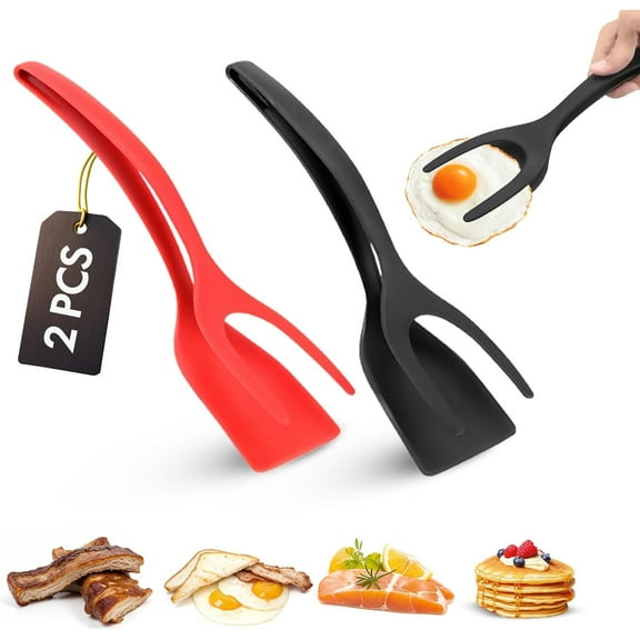 Asunby 2Pcs 2-in-1 Grip & Flip Spatula Tongs  Egg Flipper, Pancake, Fish, and Omelet Turner for Kitchen Cooking (Black & Red)