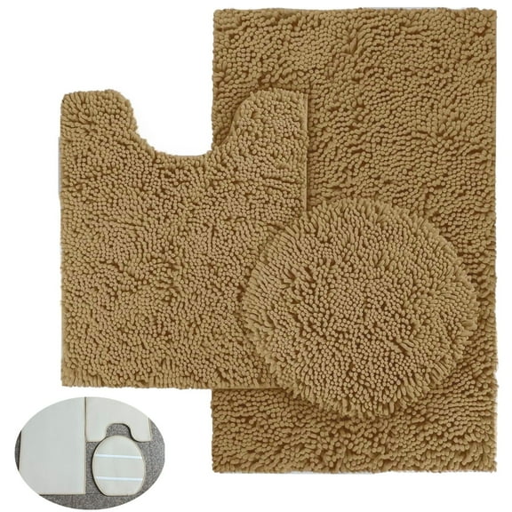 Asunby 3-Piece Champagne Bath Rug Set – Ultra-Soft, Non-Slip Mat with U-Shaped Contour Rug & Toilet Lid Cover, Ideal for Bathroom