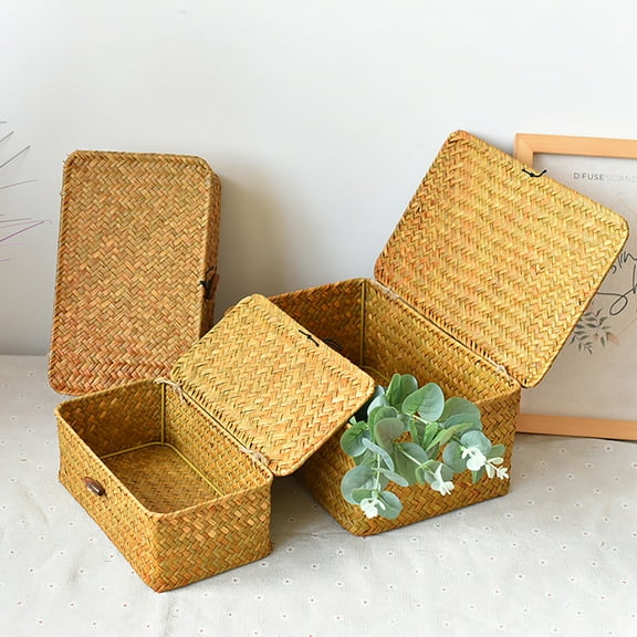 Asunby 3-Piece Wicker Storage Basket Set with Lids, Woven Rattan Baskets for Shelves, Stackable Seagrass Storage Bins for Laundry and Organization