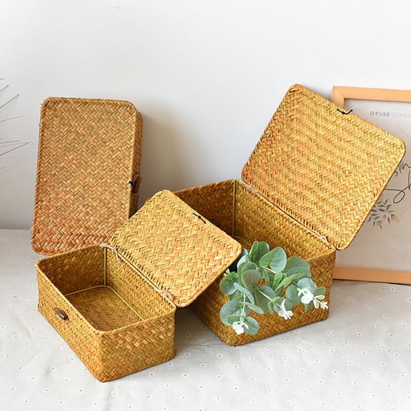 Asunby 3-Piece Wicker Storage Basket Set with Lids, Woven Rattan Baskets for Shelves, Stackable Seagrass Storage Bins for Laundry and Organization