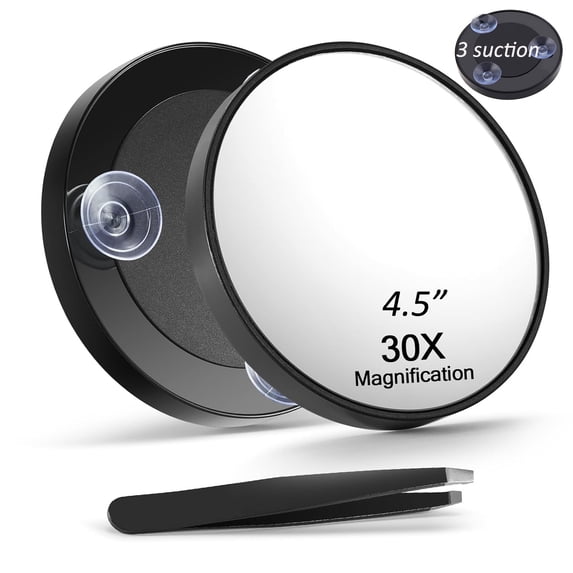 Asunby 30X Magnifying Mirror with 3 Suction Cups, 4.5 inches Magnified Makeup Mirror and Slant Tweezers, Black