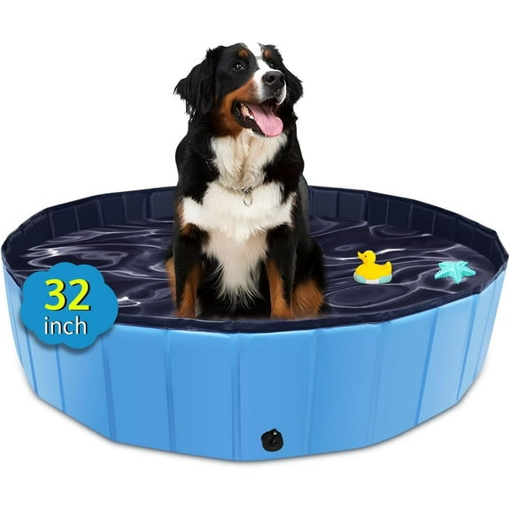 Asunby Bathing Foldable Dog Swimming Pool with Side Drain, Portable Bath Tub for Pets Indoor and Outdoor(32x 12''Blue)