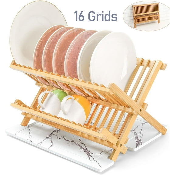 Asunby Bamboo Dish Drying Rack - Collapsible Wooden Dish Drainer Rack, 2-Tier Large Folding Drying Holder for Kitchen Countertop - Foldable & Compact,16 Grids