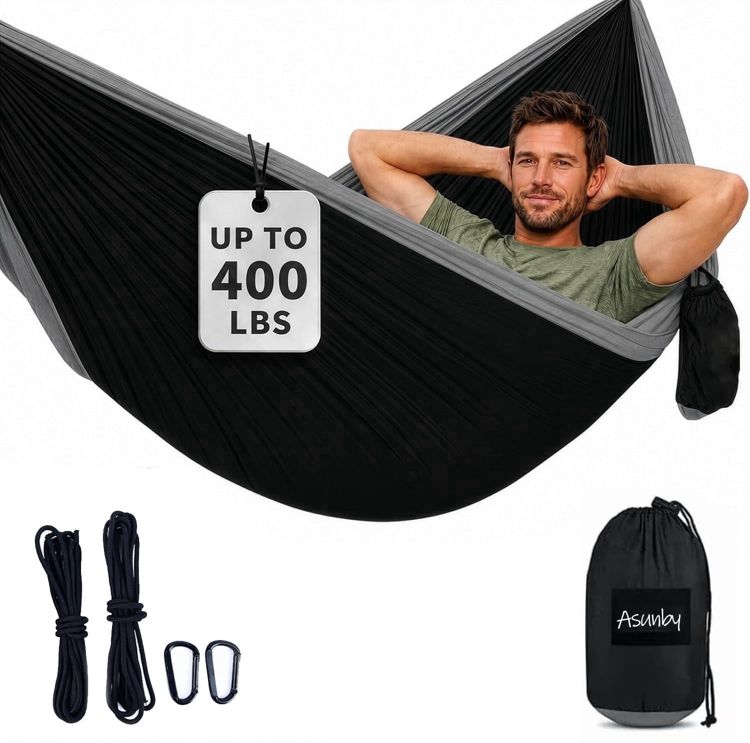 Asunby Camping Hammock 400 lbs Capacity, Portable Hammocks with Tree Straps & Attached Carry Bag, Camping Essentials Gear, Perfect for Outside Indoor Hiking Bea