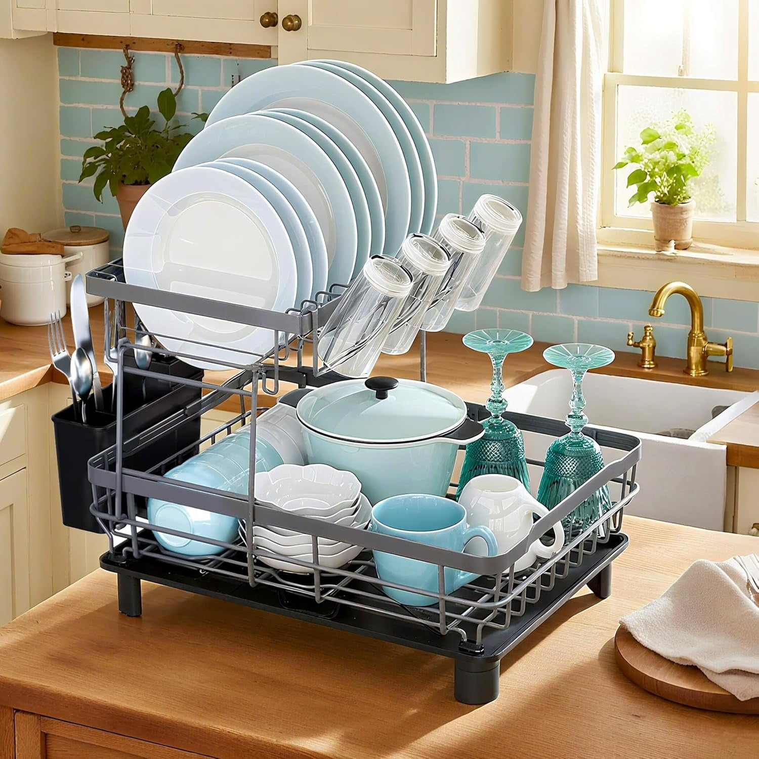 Asunby Dish Drying Rack, 2 Tier Dish Rack, Large Dish Racks for Kitchen Counter, Dish Drainer with Removable Utensil Holder, Drainboard,Grey