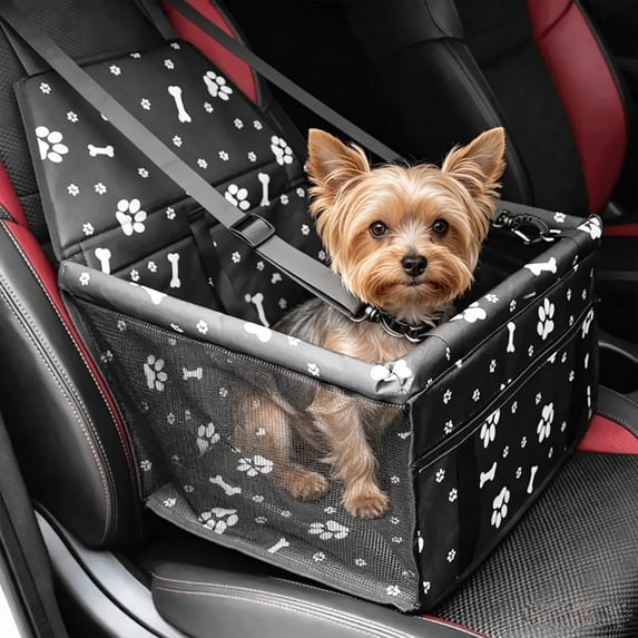 Asunby Foldable Dog Car Seat, Waterproof Dog Car Booster Seats Portable Pet Booster Travel Safety Protector for S/m Dogs, Puppies, Bones & Footprints Black