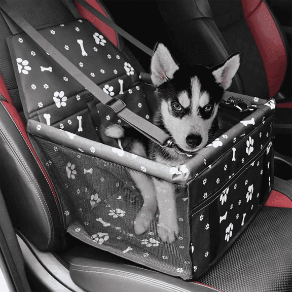 Asunby Foldable Dog Car Seat, Waterproof Dog Car Booster Seats Portable Pet Booster Travel Safety Protector for S/m Dogs, Puppies, Bones & Footprints Black