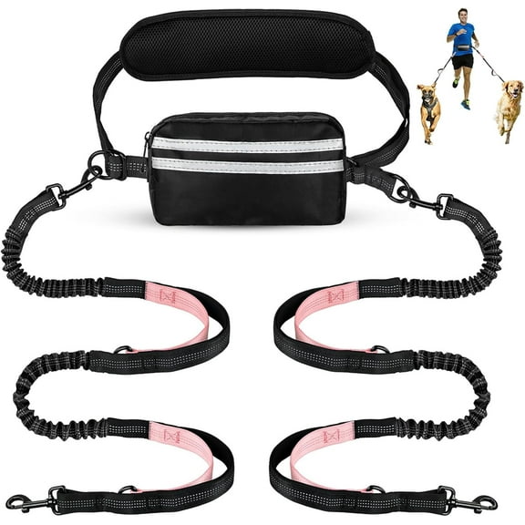 Asunby Hands Free Dog Leash with Pouch, Double Leash for Two Dogs, Retractable Dog Leashes with Double Padded Handles, for Running, Walking Accessories