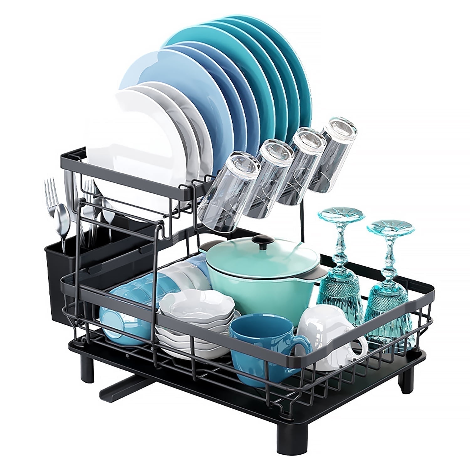 Asunby Large 2-Tier Dish Rack with Drainboard, Detachable Utensil ...