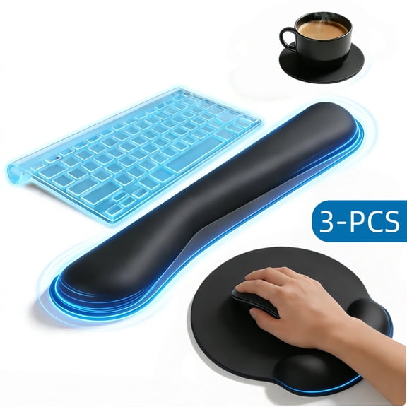 Asunby Premium Wrist Pad for Keyboard and Keyboard Wrist Rest Set, Ergonomic Memory Foam Design with Non-Slip Silicone Base, Pain Relief Support for Gaming Office Typing Laptop Home Use Black