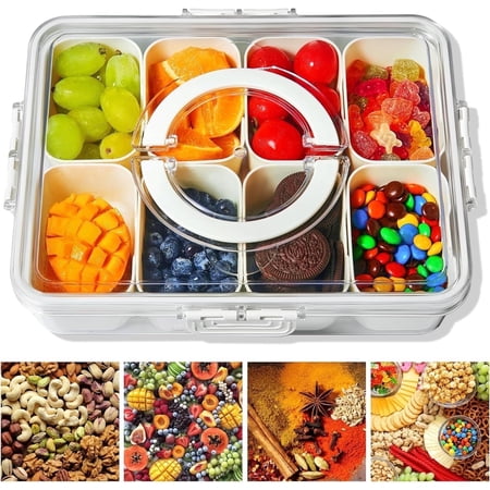 Asunby Snackle Box Container, Divided Serving Tray with Lid and Handle, 8 Compartments Portable Serving Platters, Perfect for Organizing Candy, Fruits, Nuts, Snack, Seasoning