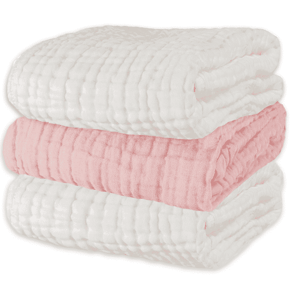 Asung Muslin Baby Bath Towel 3 Pack Soft Cotton Towels for Delicate Skin Wrap Blanket for Newborn and Toddlers Towel and Washcloth Type 40x 40inch (White & Pink)