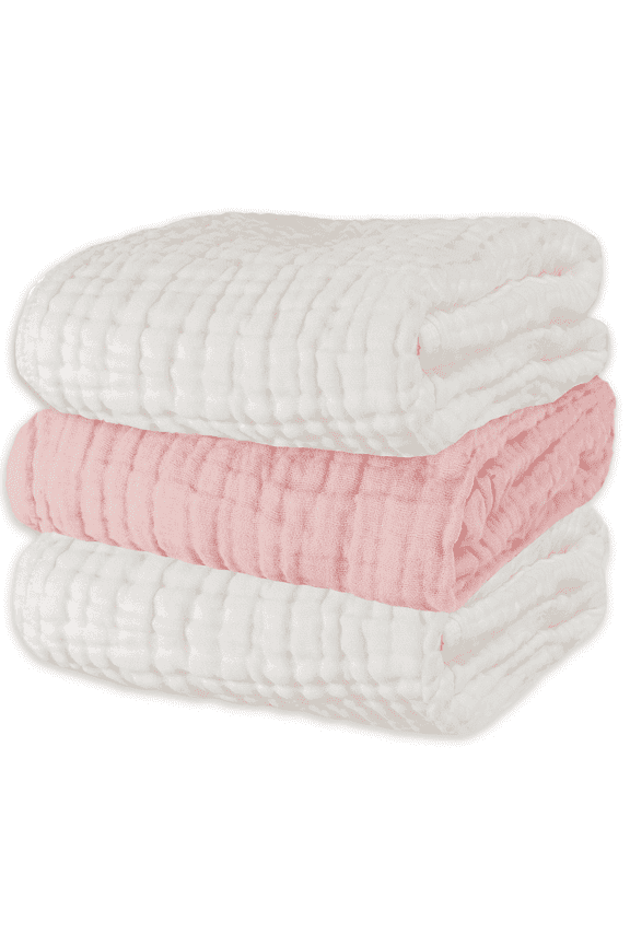 Muslin Baby Bath Towel 3 Pack Soft Cotton Towels for Delicate Skin Wrap Blanket for Newborn and Toddlers Towel and Washcloth Type 40x 40inch (White & Pink)