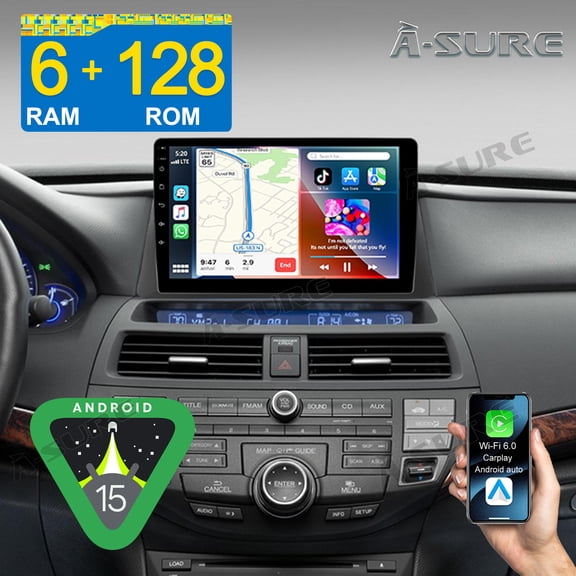 Asure 10.1" Radio 8-Core 6+128GB Car Stereo for Honda Accord Vlll (2008-2012 High-end) with Apple CarPlay/Android Auto/4G LTE/GPS Nav/Wi-Fi/BT 5.4/1280x800