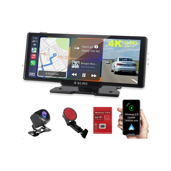 Asure 10.26" IPS Portable Dual Camera Dash Mount Car Stereos with Bluetooth Backup Camera - Wireless Apple Carplay & Android Auto - HD Touchscreen Bluetooth GPS Navi - Universal Fit for 12V-24V Car