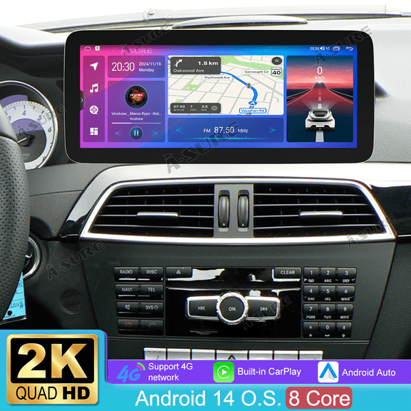 Asure 12.3" 2K Stereo 8-Core 4+64GB Car Radio for Mercedes-Benz C-Class W204 (2011-2014) with Apple CarPlay/GPS Navi/4G LTE/Wi-Fi/BT 5.0/DSP