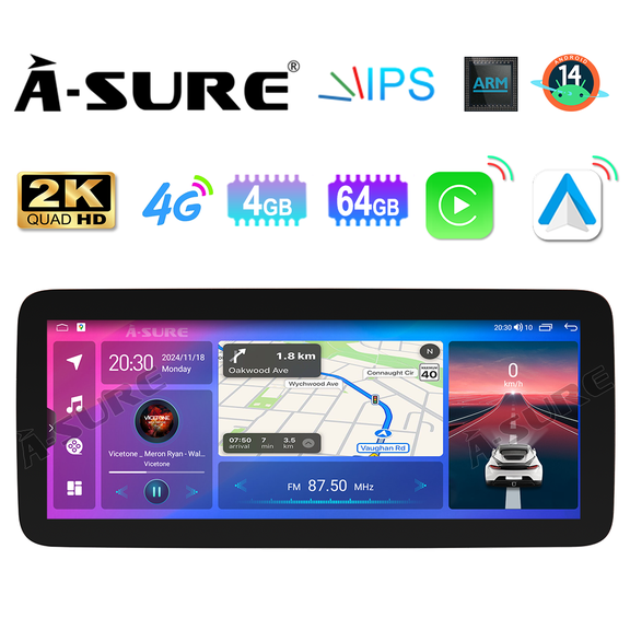 Asure 12.3" Android 15 Car Radio 4+64GB Stereo for Mercedes-Benz C-Class W205 GLC X253/C253 (NTG 5.0/5.1/5.2) with 4G LTE/Apple CarPlay/GPS Nav/Wi-Fi/BT 5.0