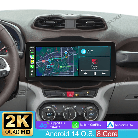 Asure 12.3" Touchscreen 4+64GB Car Stereo Radio for Jeep Renegade (2014-2025) with 8-Core/4G LTE/Apple CarPlay/GPS Nav/Wi-Fi/BT 5.0/DSP