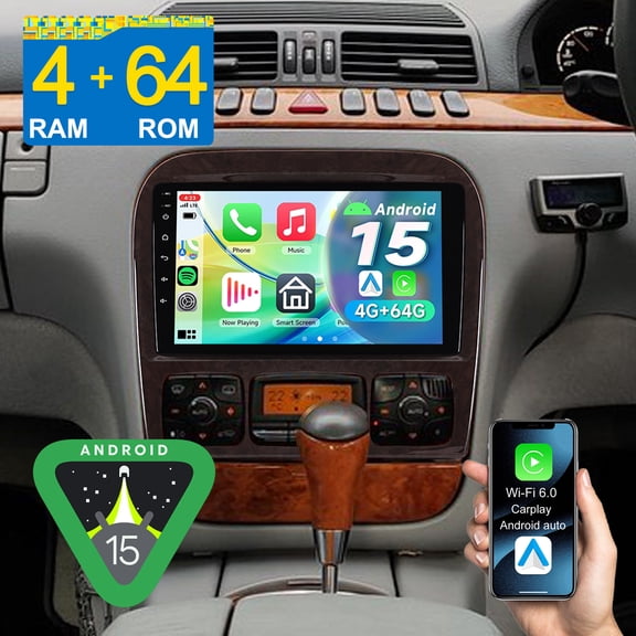 Asure 4G+64G Android 15 Car Radio Stereo for Mercedes-Benz S-Class W220 1999-2005 (OEM 4" or 7" radio), Support Apple CarPlay/GPS Navi/Wi-Fi/BT 5.4/1280x800