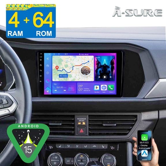 Asure 4G+64G Android 15 Car Stereo Radio for VW Passat Touran Tiguan Jetta Atlas Teramont Arteon, Support Apple CarPlay/GPS Navi/Wi-Fi/BT 5.4/FM/DSP