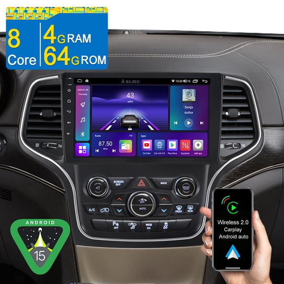Asure 8 Core 4G+64G Android 15 Car Radio for Jeep Grand Cherokee Trackhawk 2014-2020 (8.4" Screen), Support Apple CarPlay/Android Auto/GPS Nav/Wi-Fi/BT 5.0