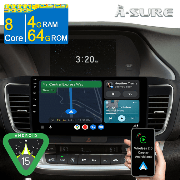 Asure 8 Core 4GB+64GB Android 15 Car Stereo Radio for Honda Accord IX 2013-2017 (Low-end), Support CarPlay/Android Auto/GPS Nav/Wi-Fi/BT 5.0