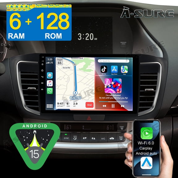 Asure 8-Core 6+128GB Car Radio for Honda Accord (2013-2017 Low-end), 10.1" Android 15 Stereo with Apple CarPlay/4G LTE/GPS Nav/Wi-Fi/BT 5.4/Backup Camera