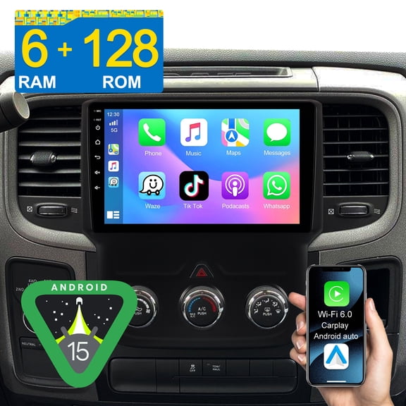 Asure 8-Core 6+128GB Car Stereo Radio for Dodge Ram 1500/2500/3500 2013-2018 (Manual A/C) with Apple CarPlay/4G LTE/GPS Nav/Wi-Fi/BT 5.4/DSP