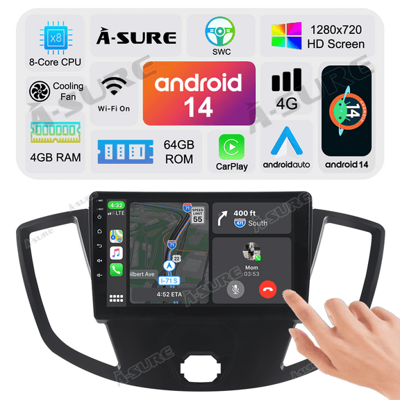 Asure 9" 4+64G Car Stereos For Ford Transit (2015-2019) with Android Auto and CarPlay Radio/BT 5.0/Navi