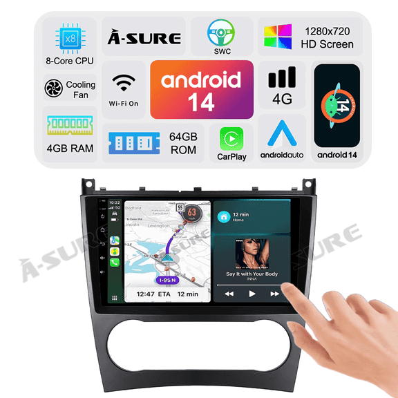 Asure 9" 4+64G Car Stereos For Mercedes-Benz C-Class W203 (2004-2007) with Android Auto and CarPlay Radio/BT 5.0/Navi