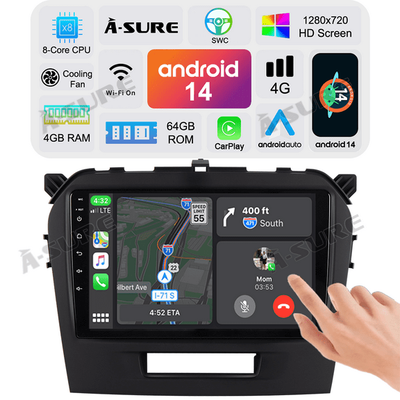 Asure 9" 4+64G Car Stereos For Suzuki Vitara LY MK4 (2015-2024) with Android Auto and CarPlay Radio/BT 5.0/Navi