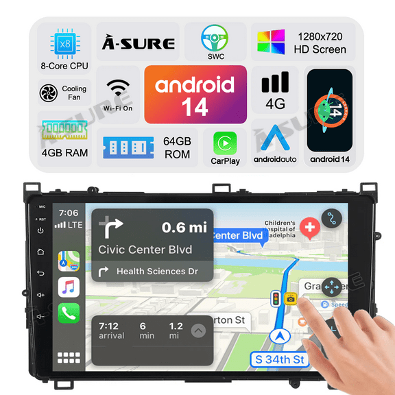 Asure 9" 4G+64G Car Stereo Radio For Toyota Corolla XI (2017-2018) | Toyota Auris E180 (2015-2019) with Android 14 Carplay Android Auto GPS