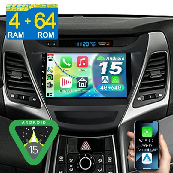 Asure 9" Android 15 4+64GB Car Stereo Radio for Hyundai Elantra MK5 (2014-2016) with Apple CarPlay/GPS Nav/Wi-Fi/BT 5.4/DSP/1280x800